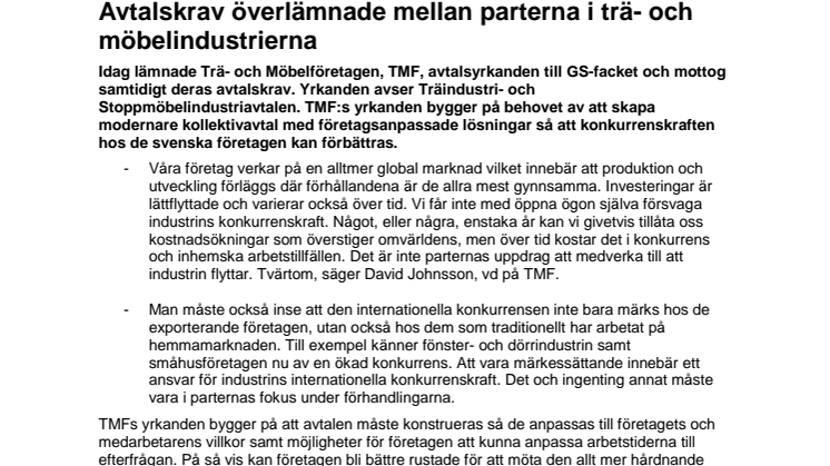 Avtalskrav överlämnade mellan parterna i trä- och möbelindustrierna