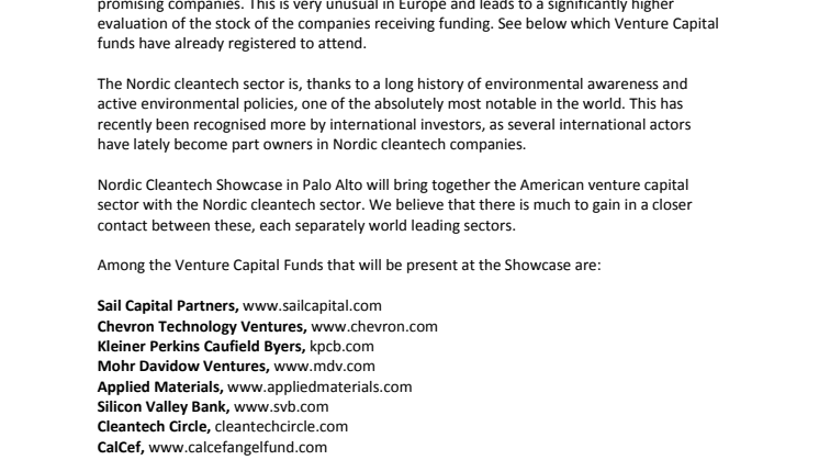 Nordic Cleantech companies to pitch for US investors in Palo Alto, California