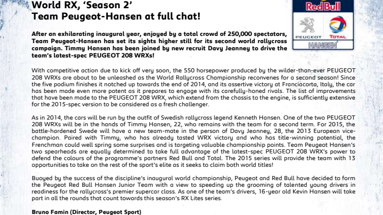Team Peugeot-Hansen satsar fullt ut i rallycross-VM