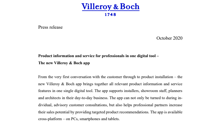 Product information and service for professionals in one digital tool - The new Villeroy & Boch app 