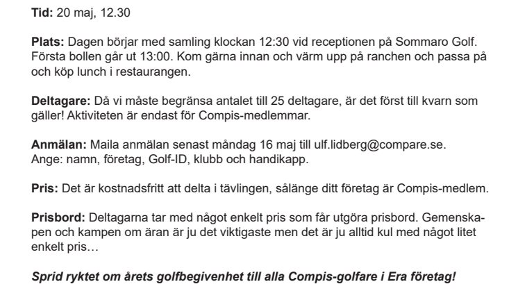 ​Compare´s fritidsförening Compis bjuder in till Compis-golfen 2016