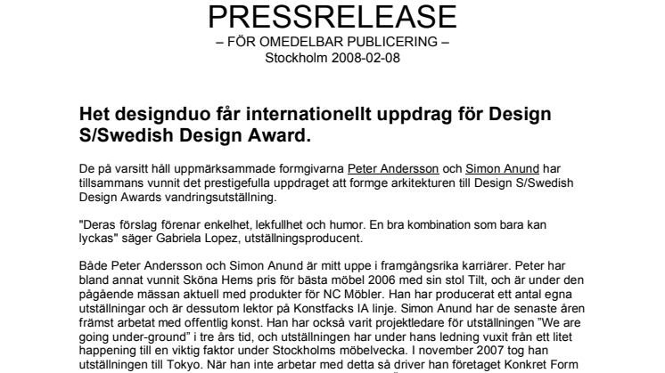 Het designduo får internationellt uppdrag för Design S/Swedish Design Award