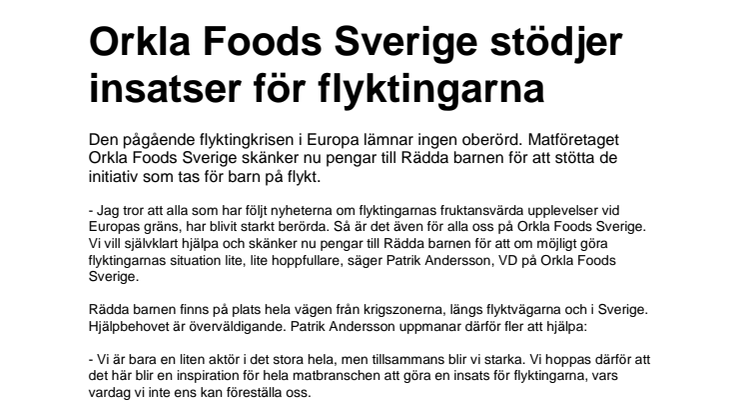 Orkla Foods Sverige stödjer insatser för flyktingar i Europa