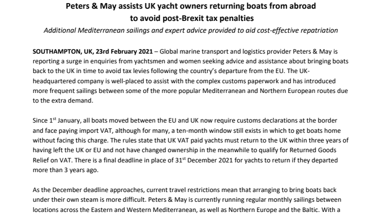 Peters & May assists UK yacht owners returning boats from abroad to avoid post-Brexit tax penalties 
