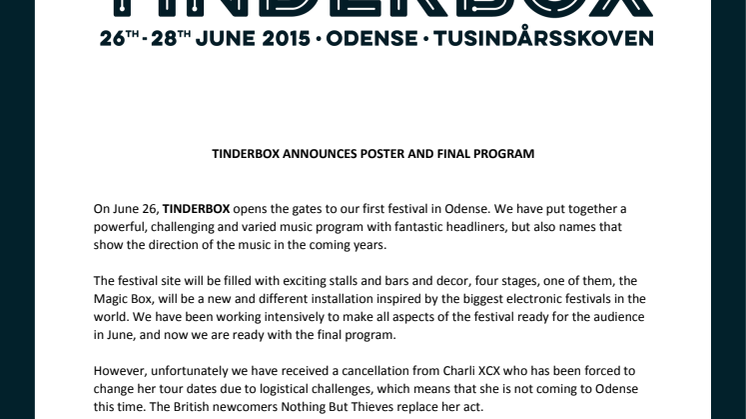 TINDERBOX ANNOUNCES POSTER AND FINAL PROGRAM