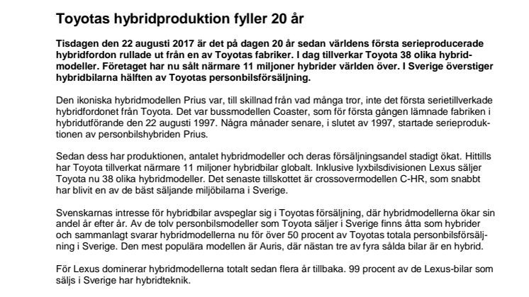 Toyotas hybridproduktion fyller 20 år