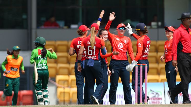England celebrate a Mady Villiers wicket. Photo: Malaysian Cricket Association