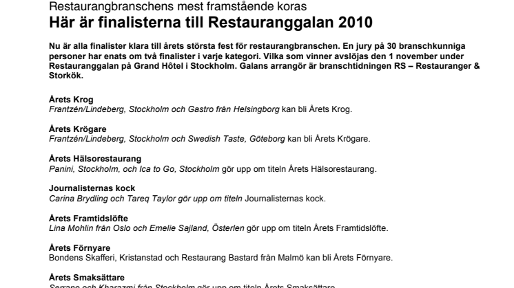 26 finalister klara för Restauranggalan 2010!