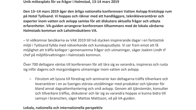Unik mötesplats för va-frågor i Halmstad, 13-14 mars 2019