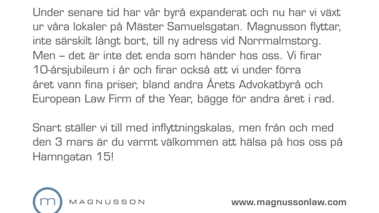 Magnusson i Stockholm flyttar till nytt kontor