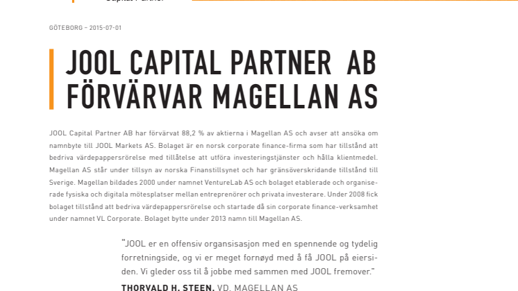 Jool Capital Partner AB förvärvar Magellan AS