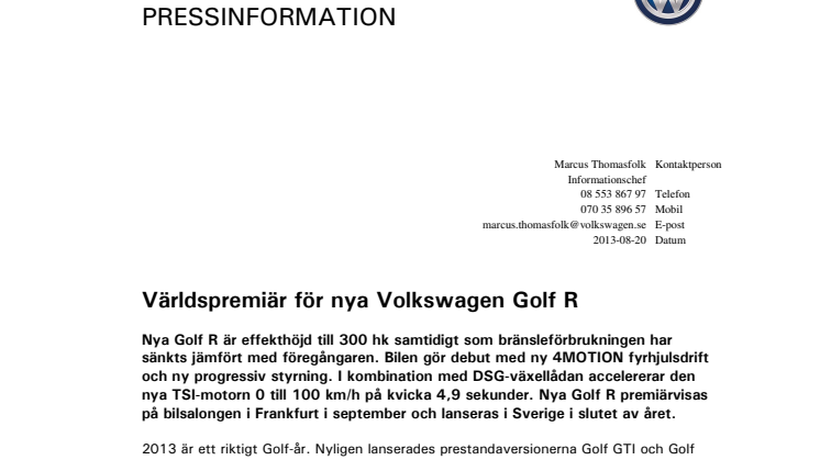 Världspremiär för nya Volkswagen Golf R