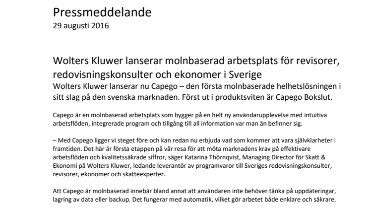 Wolters Kluwer lanserar molnbaserad arbetsplats för revisorer, redovisningskonsulter och ekonomer i Sverige