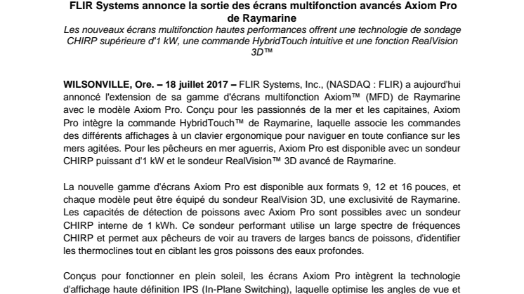 Raymarine: FLIR Systems annonce la sortie des écrans multifonction avancés Axiom Pro de Raymarine 