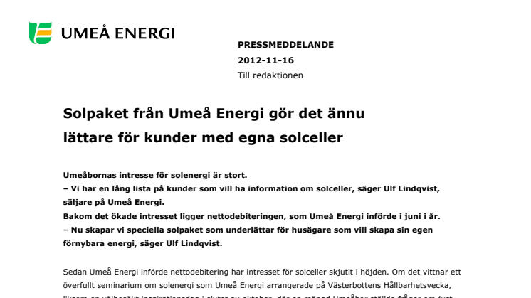 Solpaket från Umeå Energi gör det ännu lättare för kunder med egna solceller