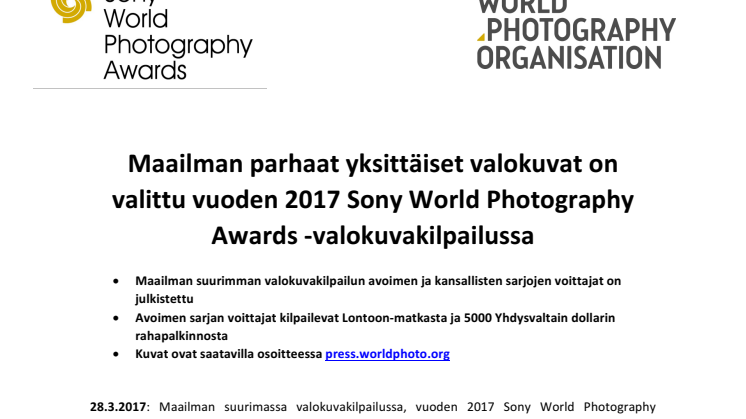 Maailman parhaat yksittäiset valokuvat on valittu vuoden 2017 Sony World Photography Awards -valokuvakilpailussa