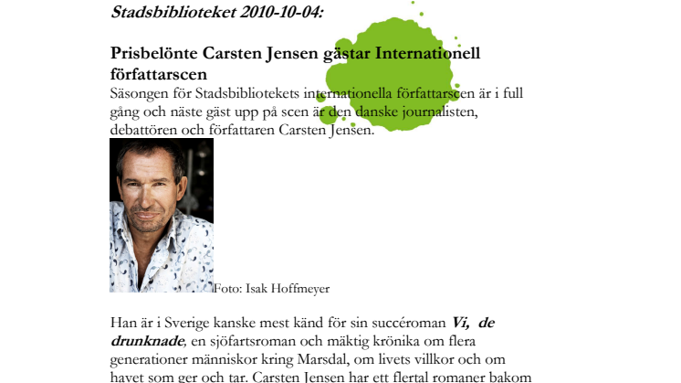 Prisbelönte Carsten Jensen gästar Internationell författarscen