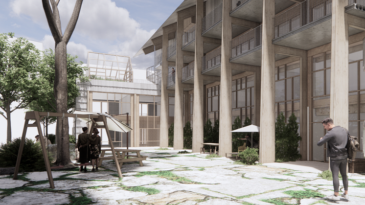 Gamla våningsplan lägger grunden för nya Kvarteret Återbruket. Visionsbild: Lendager Group