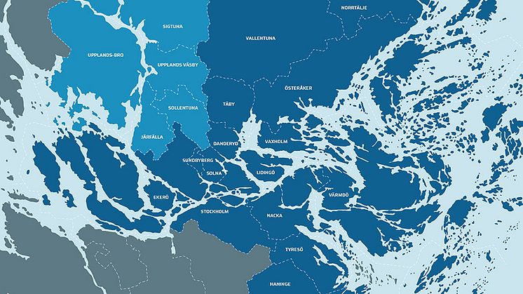 HSB Stockholm kommer efter fusionen bestå av 20 av 26 kommuner i Stockholms län. De ljusblå kommunerna är de som tillkommer från HSB Norra Stor-Stockholm.