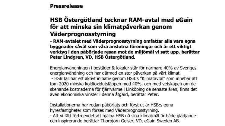 HSB Östergötland tecknar RAM-avtal med eGain