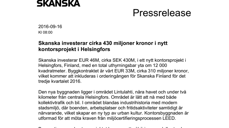 Skanska investerar cirka 430 miljoner kronor i nytt kontorsprojekt i Helsingfors