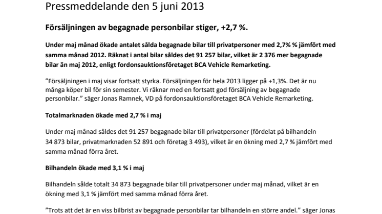 Försäljningen av begagnade personbilar stiger, +2,7 %.  