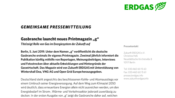 Gasbranche launcht neues Printmagazin "g"