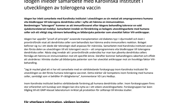 Idogen inleder samarbete med Karolinska Institutet i utvecklingen av tolerogena vaccin