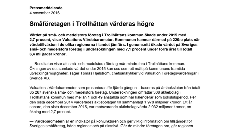 Värdebarometern 2015 Trollhättans kommun