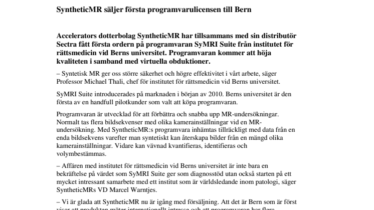 SyntheticMR säljer första programvarulicensen till Bern