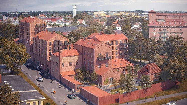 Fabriksområdet utvecklas med 55 lägenheter, varav tre lägenheter är i ett radhus samt 1300 kvm lokaler och 1200 kvm mobilitetsyta. Bild: LINK Arkitektur