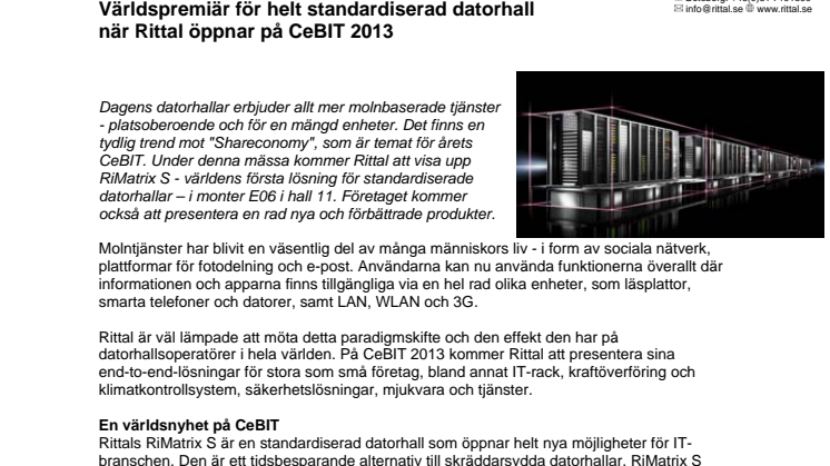 Världspremiär för helt standardiserad datorhall när Rittal öppnar på CeBIT 2013