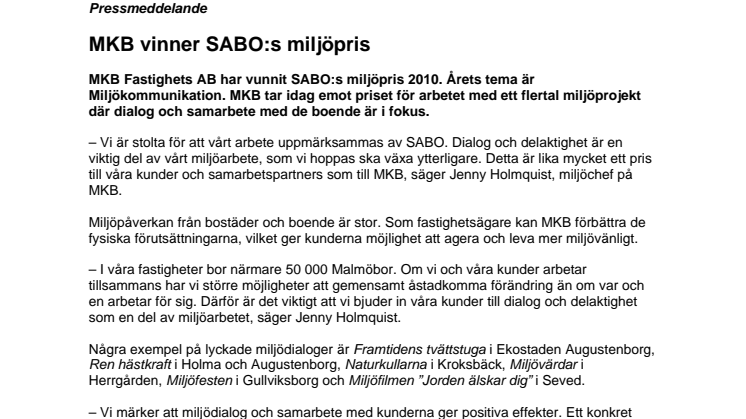 MKB vinner SABO:s miljöpris