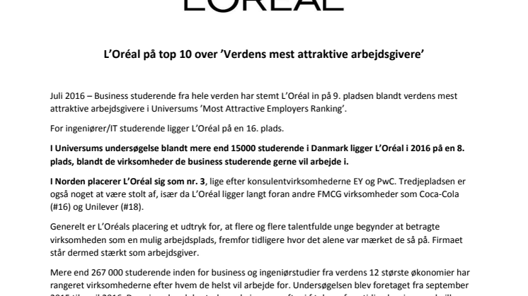 L'Oréal på top 10 over verdens mest attraktive arbejdsgivere