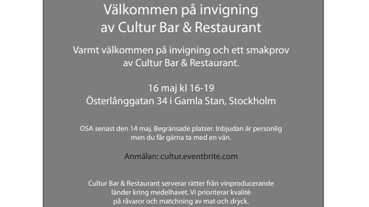 Pressinbjudan: Invigning Cultur Bar & Restaurant