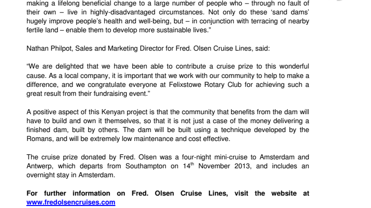 Fred. Olsen Cruise Lines’ supports Felixstowe Rotary Club’s fundraising for Kenya
