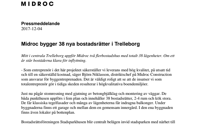 Midroc bygger 38 nya bostadsrätter i Trelleborg