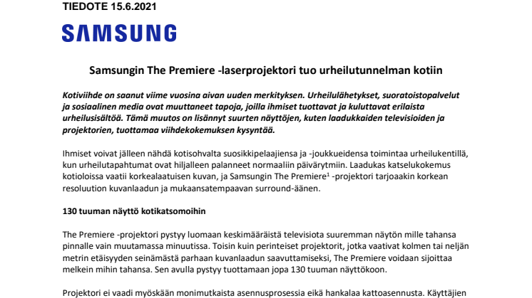 Samsungin The Premiere -laserprojektori tuo urheilutunnelman kotiin