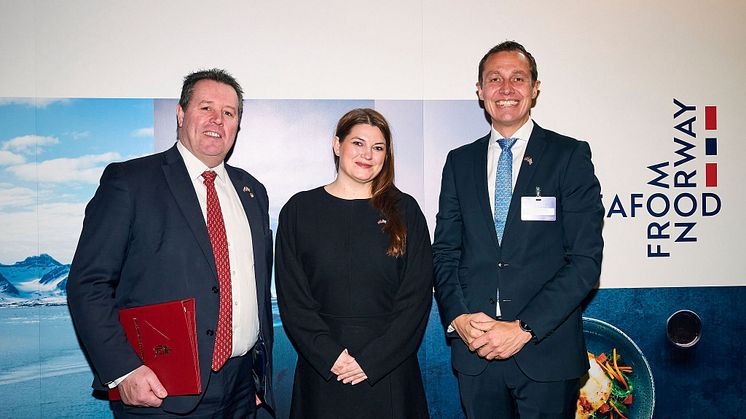 NSC Summit L to R Rt Hon Mark Spencer MP UK Minister for Food, Farming and Fisheries_ Cecilie Myrseth Norwegian Minister of Fisheries and Ocean Policy and Christian Chramer CEO Norwegian Seafood Council