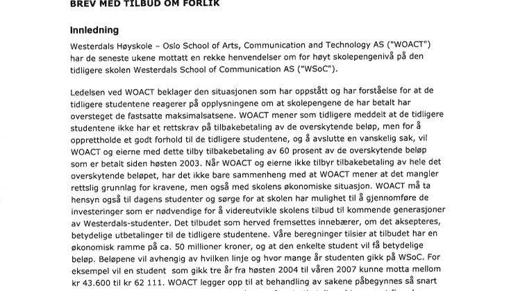 Tilbudsbrev forlik studenter Westerdals Oslo ACT