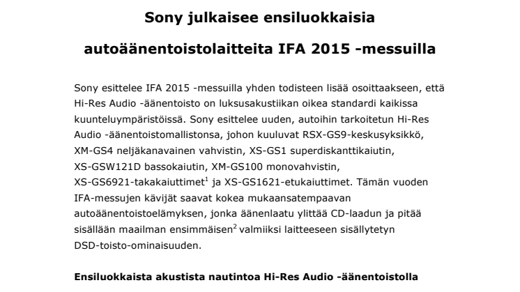 Sony julkaisee ensiluokkaisia autoäänentoistolaitteita IFA 2015 -messuilla