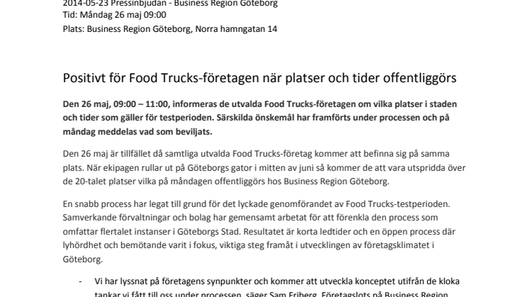 Pressinbjudan: Positivt för Food Trucks-företagen när platser och tider offentliggörs