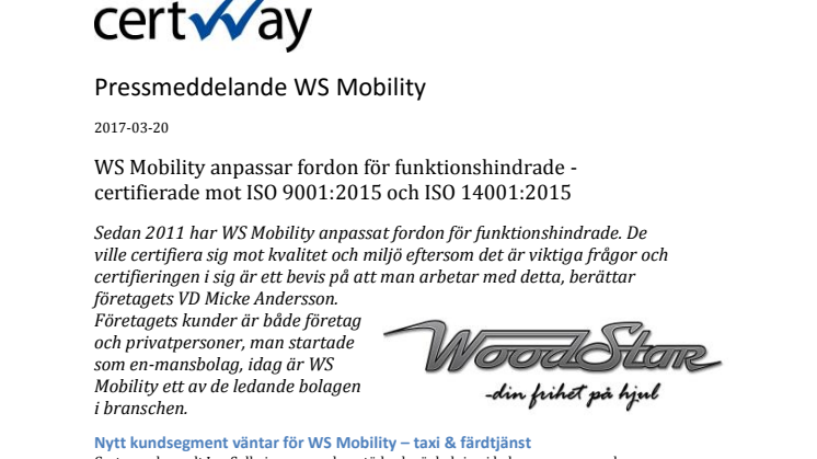 WS Mobility anpassar fordon för funktionshindrade - certifierade mot ISO 9001:2015 och ISO 14001:2015