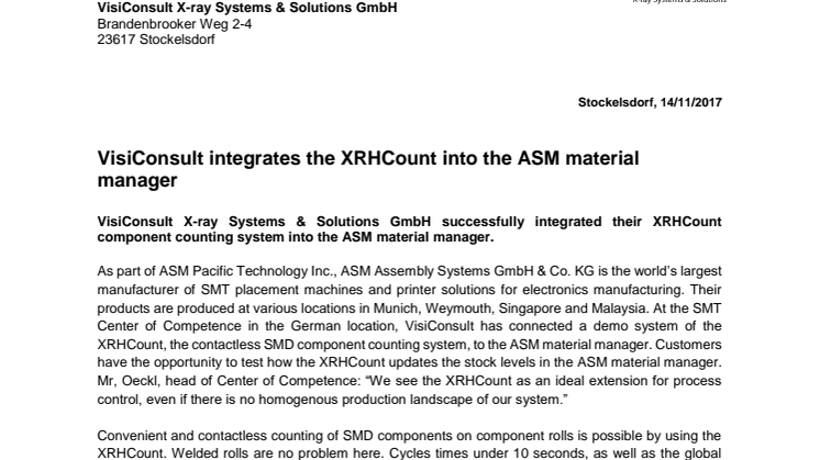VisiConsult integrates the XRHCount into the ASM material manager