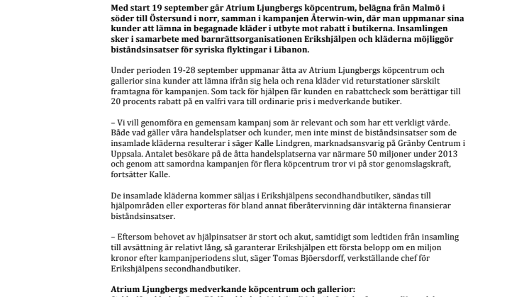 Atrium Ljungbergs köpcentrum går samman med Erikshjälpen i kampanjen Återwin-­‐win