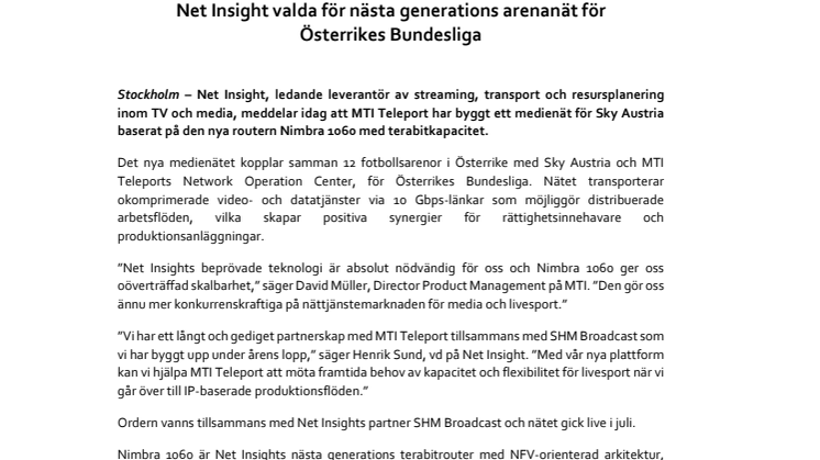 Net Insight valda för nästa generations arenanät för Österrikes Bundesliga