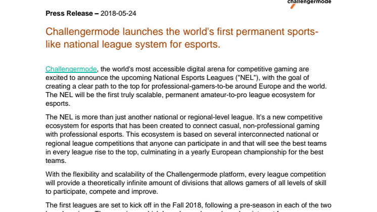 Challengermode launches the world's first permanent national league system for esports.