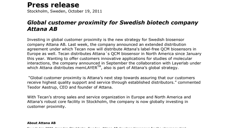 Global customer proximity for Swedish biotech company Attana AB