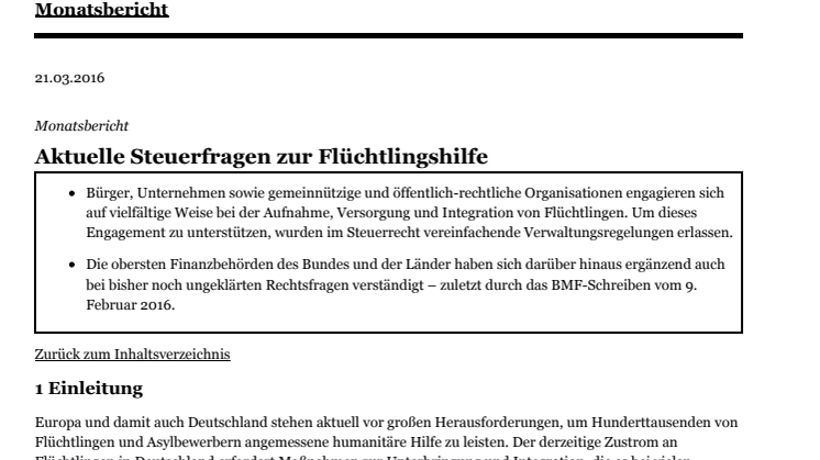 Aktuelle Steuerfragen zur Flüchtlingshilfe - das  Bundesfinanzministerium äußert sich im aktuellen Monatsbericht ausführlich