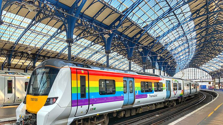 Thameslink's 'Trainbow', pictured here in Brighton station, has been painted to celebrate Pride (this picture and others are available to download from beneath the press release)